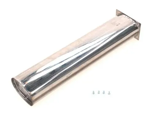 Edelstahlrohr von Bosch mit flachem Ende und Montageplatte, geeignet für verschiedene Anwendungen im Bereich Heizung oder Lüftung. Inklusive Befestigungsschrauben.